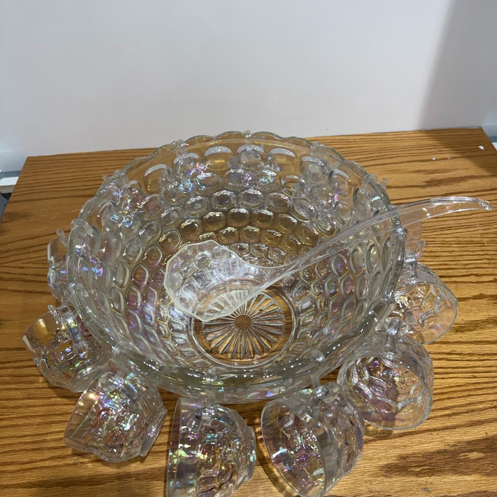 Indiana Glass Iridescent Punch Bowl Set with Clear Cups - Picture 2 of 10